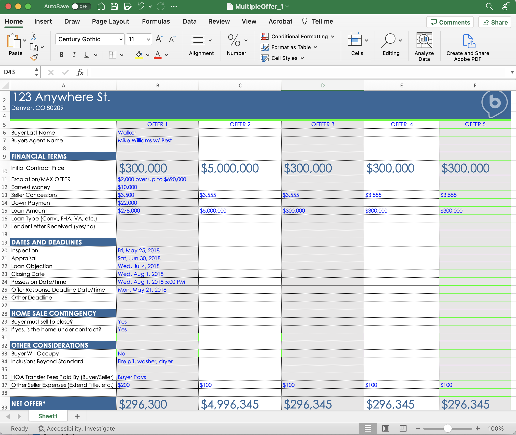 Multiple Offer Worksheet